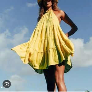 Free People BROWN Halter Tiered Frilly Mini Dress